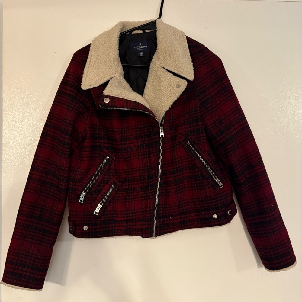 American Eagle Outfitters Red and Cream Bomber Jacket with Wool Blend